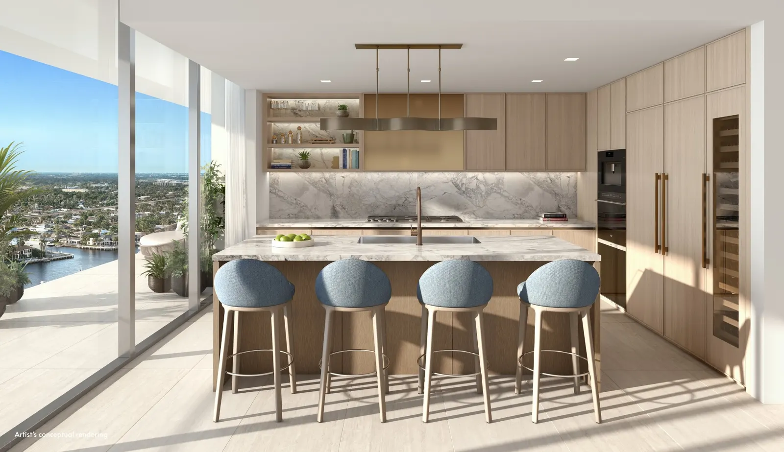 Cozinha gourmet com ilha e eletrodomésticos premium